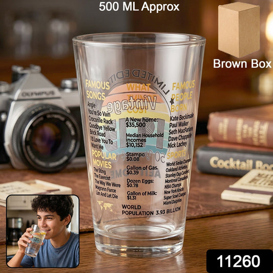 Pack of drinking glass tumblers with vintage trivia pattern