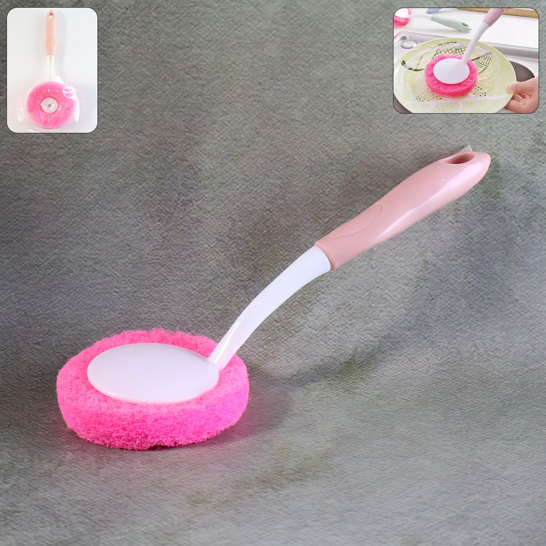 Kitchen dish scrubber brush with ergonomic long handle and soft round sponge head