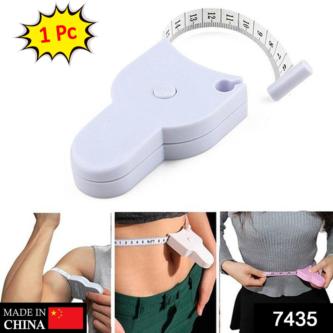 Retractable body measuring tape with clear markings in inches and cm.