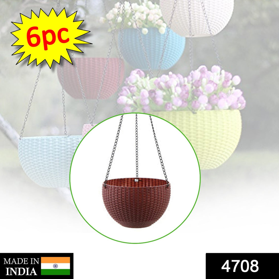 Set of six round plastic hanging flower pots with steel chains on a white background.