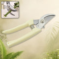 Ergonomic handle and safety lock mechanism on the gardening pruning shears.