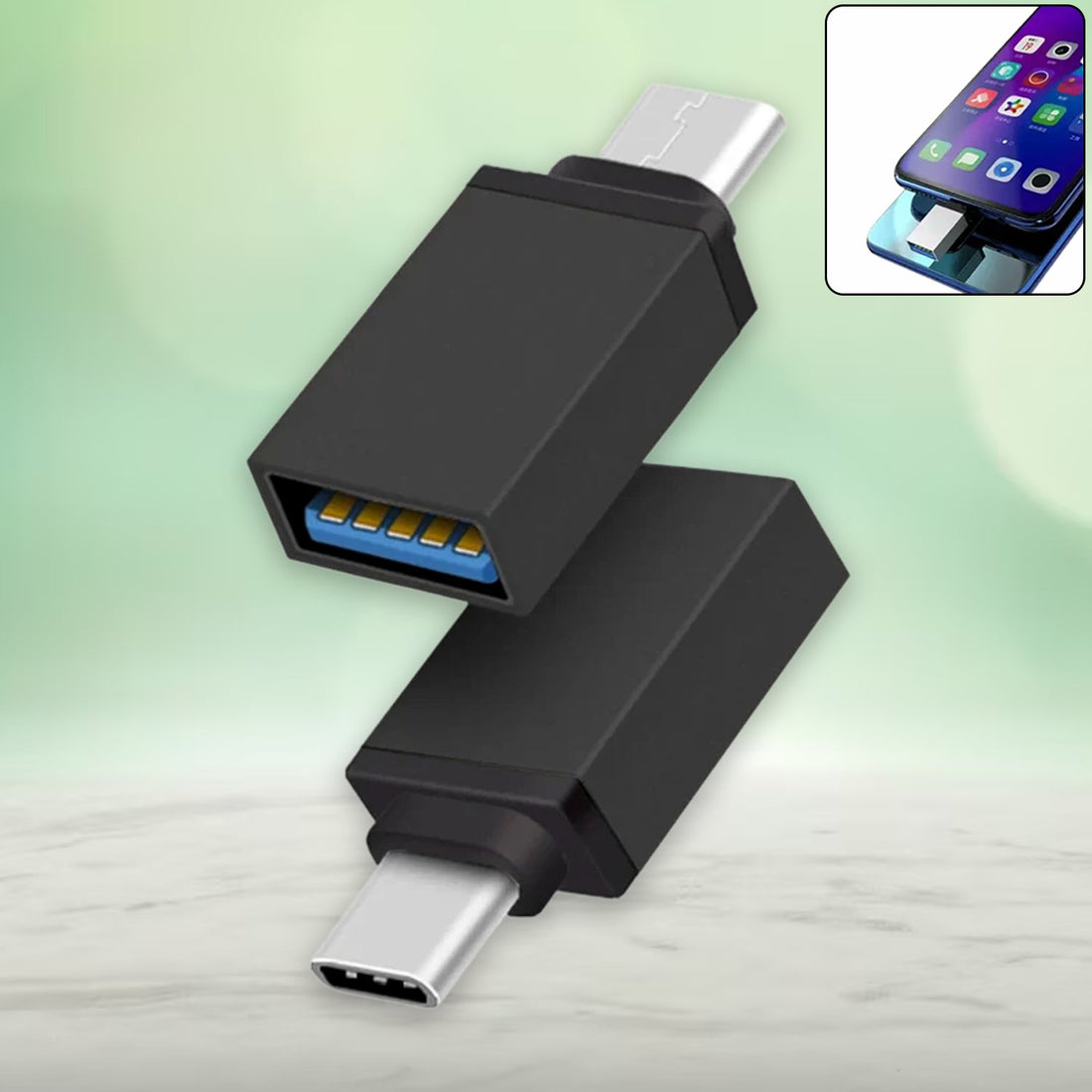 Silver Type-C OTG adapter shown connecting a USB flash drive to a smartphone.