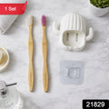 Wall mounted cactus style toothbrush holder with two bamboo toothbrushes