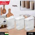 CookAura transparent 3-piece kitchen storage jars set with white lids.
