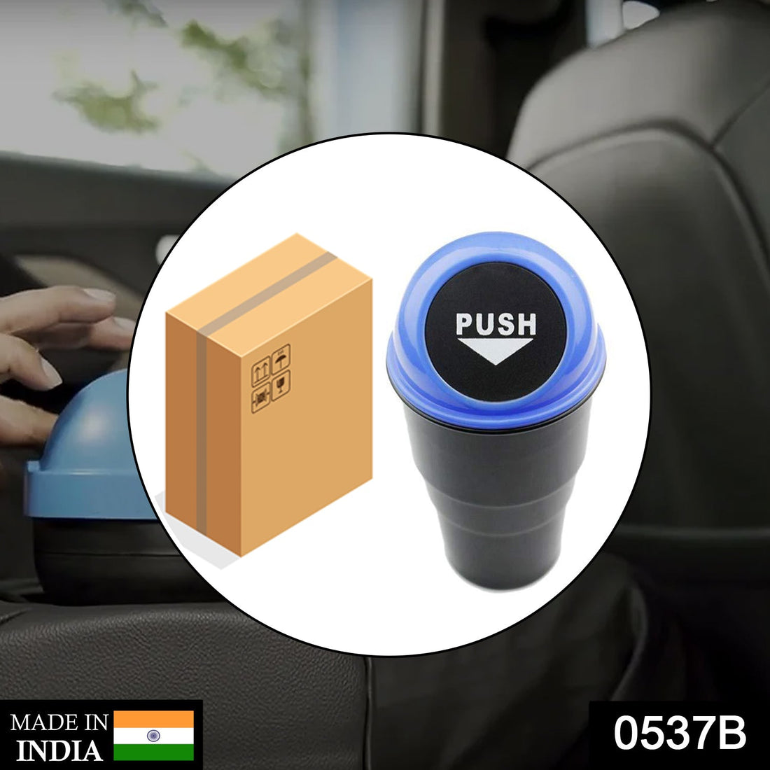 Compact car dustbin by Velvet Wheels for easy waste disposal in vehicles.