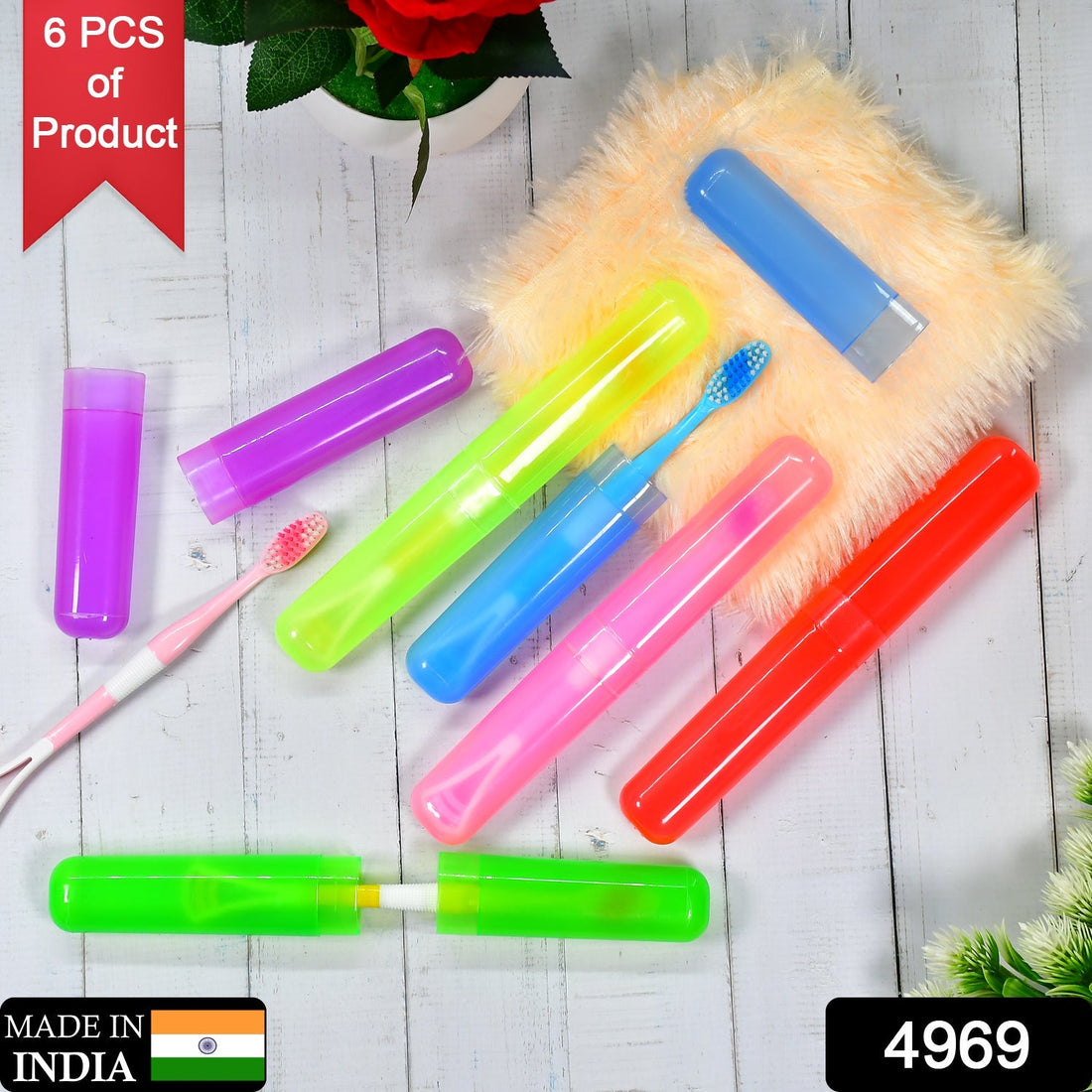 Six clear plastic travel toothbrush covers neatly stacked for hygienic storage.