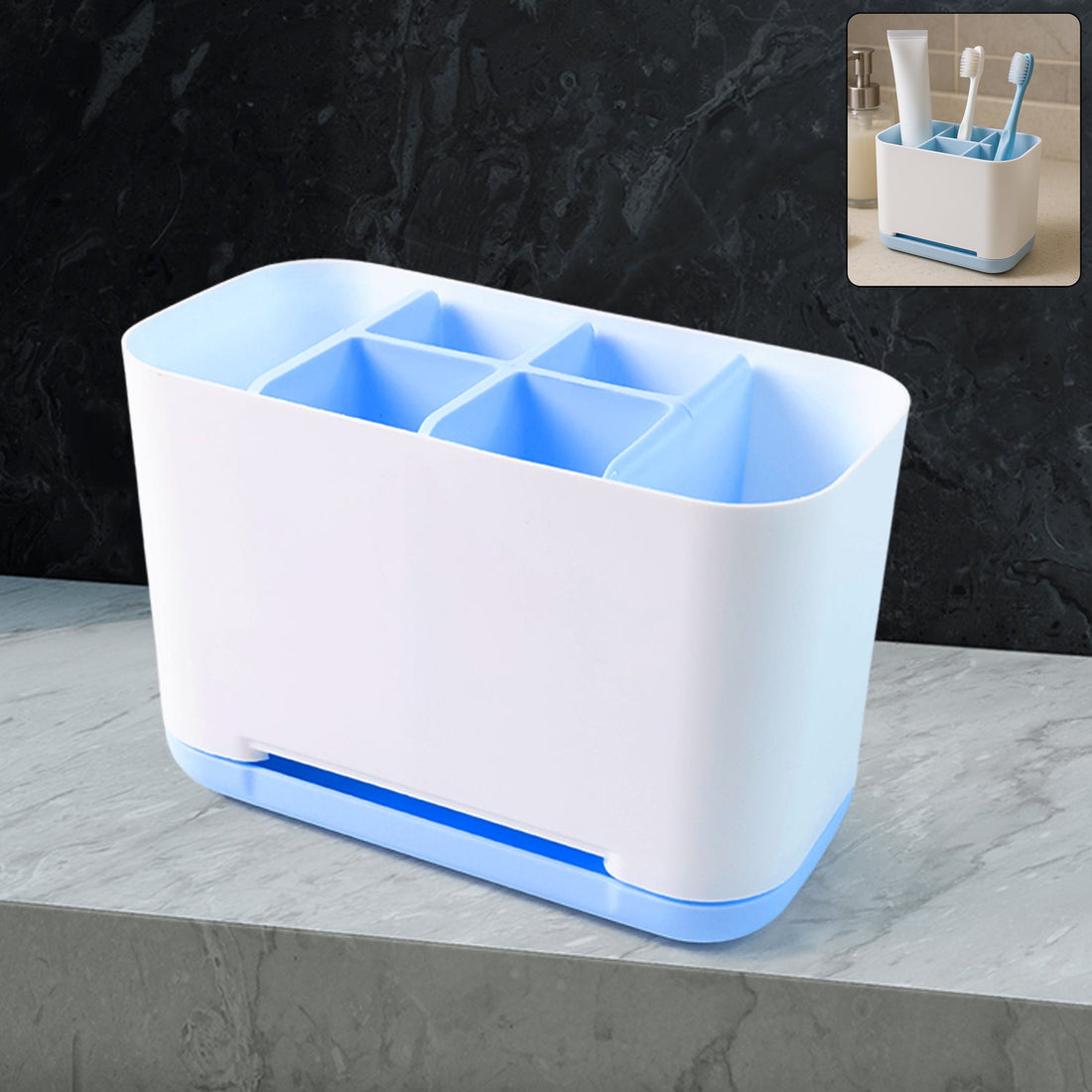 Front view of a 6-compartment plastic toothbrush holder stand in white