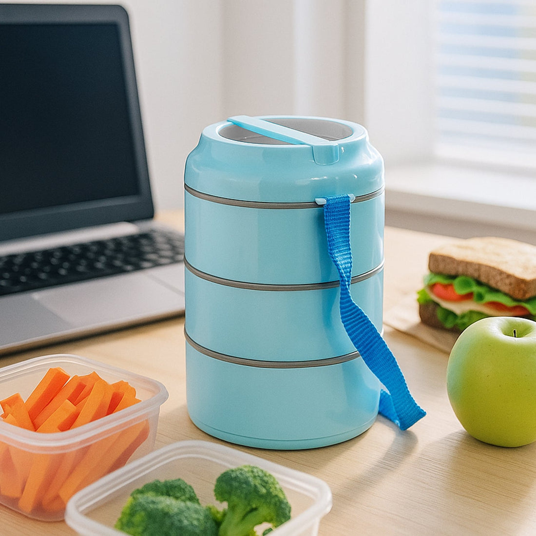 Insulated lunch box set with handle and detachable strap for easy carrying