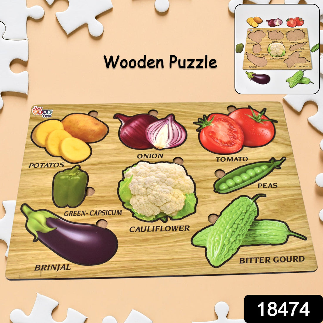 Wooden vegetable puzzle board with colorful carrot, mushroom, and broccoli pieces.