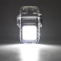 Portable electric lighter with 3-mode COB flashlight illuminating a dark area.