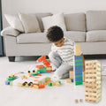 Wooden tumbling tower game set with numbered blocks and dice