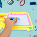 Front view of the vibrant bus-shaped erasable writing board for children.