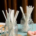 Plain white paper straws held by hands showing 200mm length and 6mm diameter