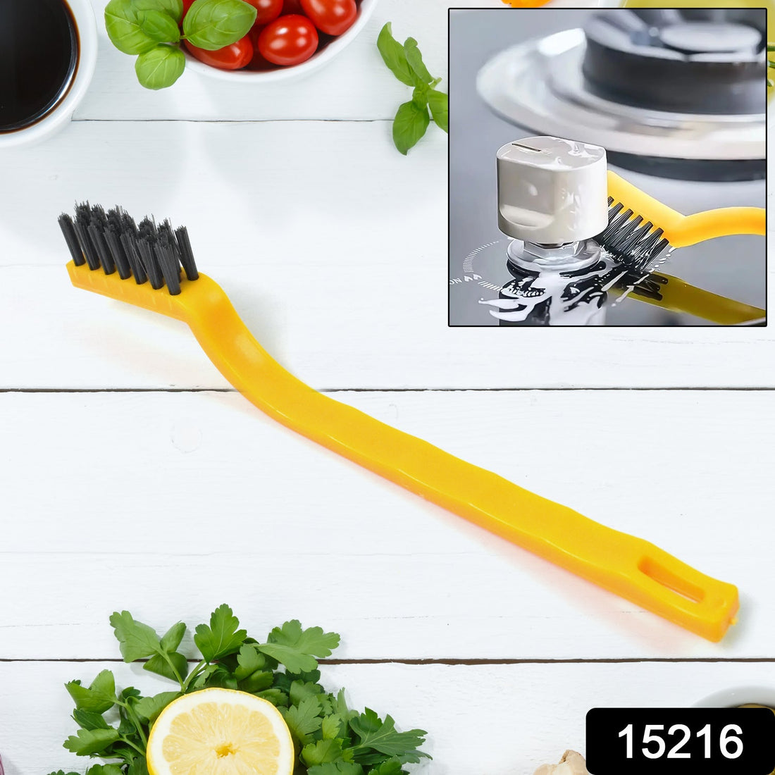 Mini nylon cleaning brush with ergonomic handle for kitchen tasks.