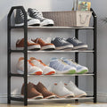 White folding shoe rack holding various pairs of shoes in a living room.