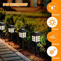 Four black solar garden lights illuminate a path at night, with rain falling and icons for weather resistance.