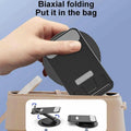 Close-up of the sturdy base and adjustable hinge of the rotating mobile stand, highlighting its robust design.