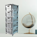Detail of the sturdy, anti-slip plastic drawers of the modular storage system.