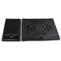 Compact foldable laptop stand with phone holder, ideal for desk and travel.