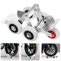 Motorcycle front wheel parking roller stand showing slip-resistant surface support