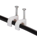 Close-up of plastic U-shaped 8mm nail cable clips with steel nails