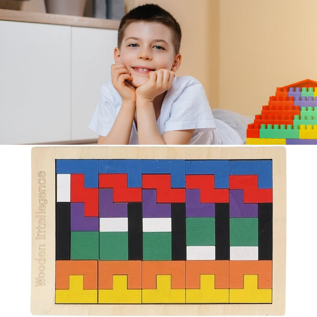 Child focused on assembling an educational wooden blocks puzzle on a table.