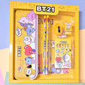 Organized metal pencil box and stationery set for kids with sharpener, pencils, and erasers.