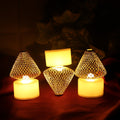 Battery operated LED tealight candle lights with flickering effect and golden mesh