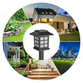 A central black solar light is surrounded by six circular insets showing it in various outdoor settings.