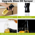 Ergonomic glass oil dispenser showing its fine mist nozzle.