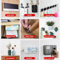 Double sided foam mounting tape applied in office and home organization setups.