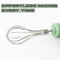 Close-up of the powerful motor and detachable stainless-steel whisk attachment.