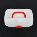 Detail shot of the carrying handle and secure latch mechanism on the portable first aid kit box.