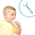Comfortable U-shaped toothbrush in blue, perfect for little hands to grip.