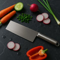 Close-up of stainless steel cleaver blade showcasing sharp edge