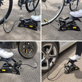 Close-up of the accurate pressure gauge and robust hose of the foot air pump.