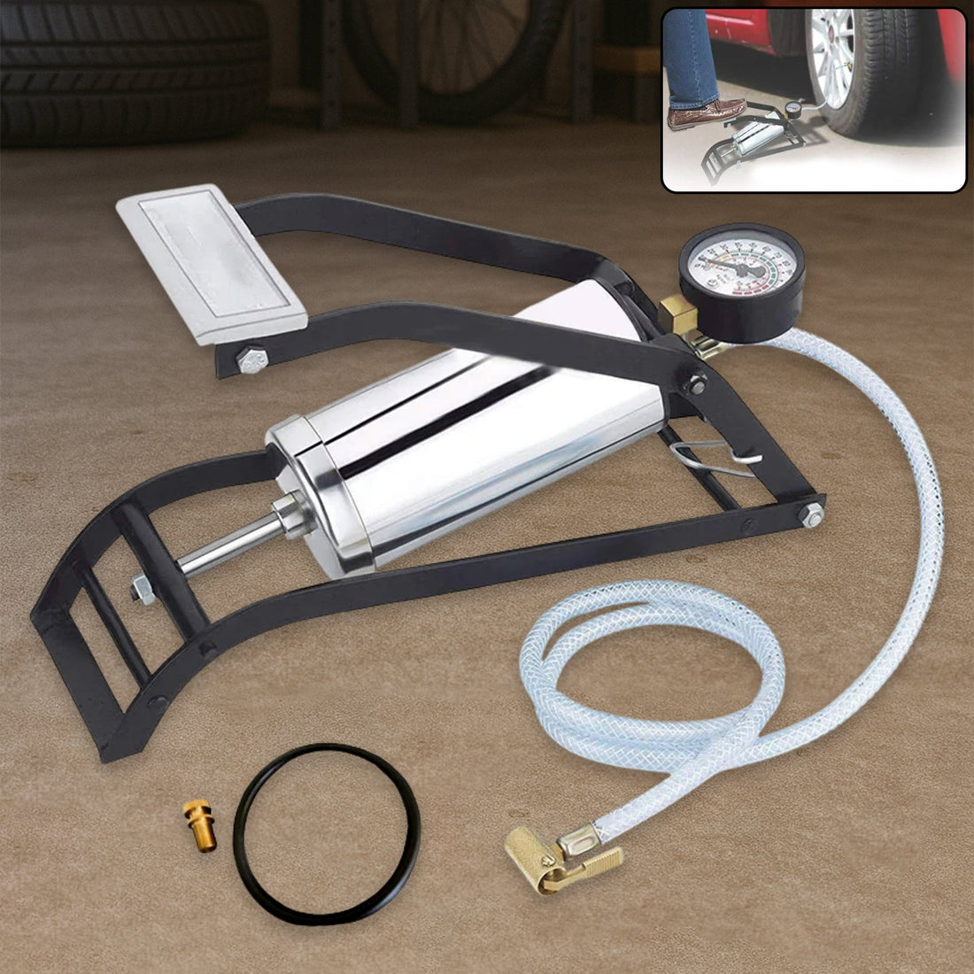 Heavy-duty steel foot pump with gauge for car and bike tires.