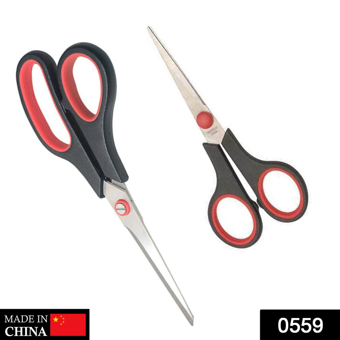 A sharp stainless steel all-purpose scissor set with one large and one medium size.