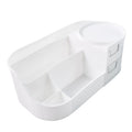 Makeup storage caddy featuring dual-layer drawers and rotating top tray