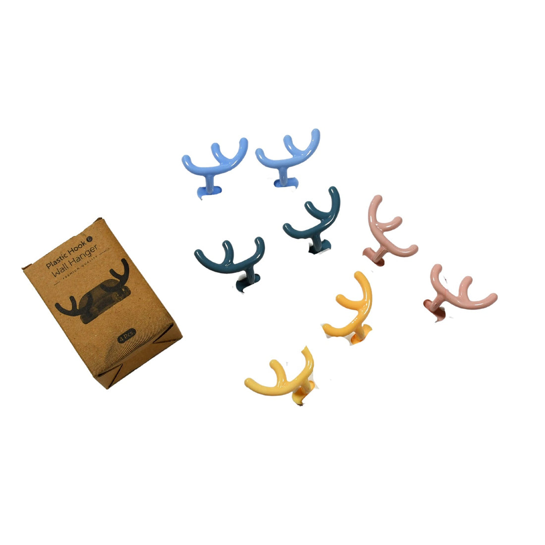 A pack of four white self-adhesive wall hooks, ready for easy installation.