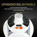 A close-up of the white solar camping light highlights its black polycrystalline silicon solar panels and orange power