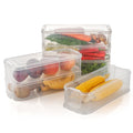 Transparent food-grade plastic fridge storage containers with secure blue lids on a kitchen counter.