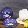 Stack of disposable party plates with 'Happy Cheers' designs, perfect for guests.