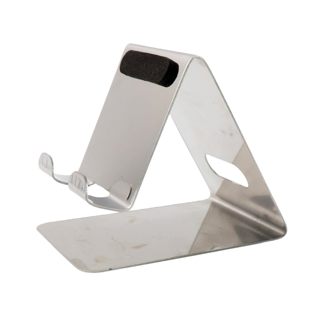 Universal stainless steel mobile and tablet stand holder front view with stable triangular design