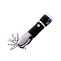 The black and silver multi-tool LED flashlight with its tools extended, casting a shadow on a pure white background.