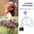 Cordless portable outdoor shower showing USB rechargeable submersible pump