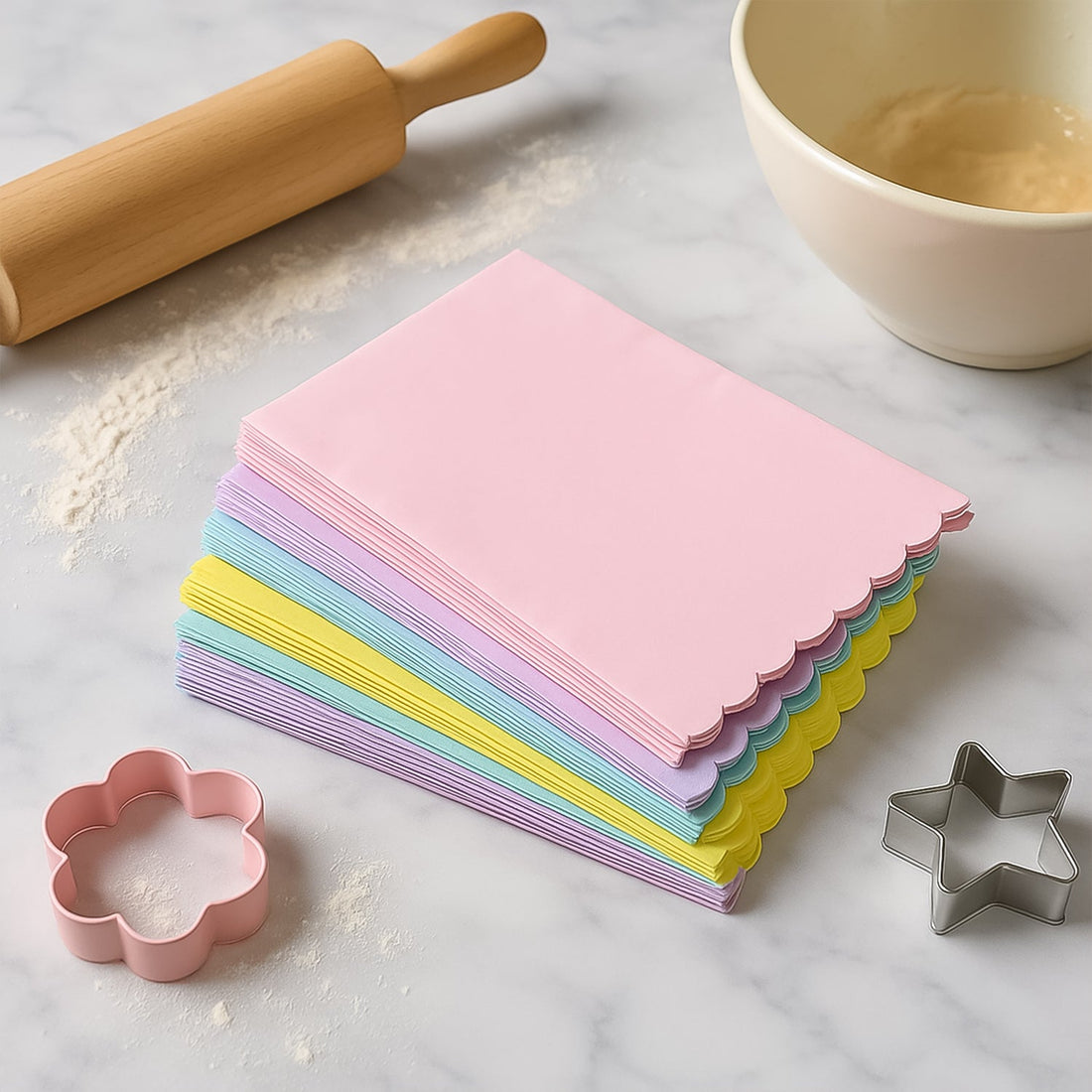 200-piece multi-color oil-absorbing baking paper sheets with scalloped edges on tray