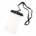 A transparent mobile pouch with a black neck strap and a gold