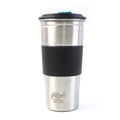Insulated stainless steel travel tumbler with heat-safe grip sleeve
