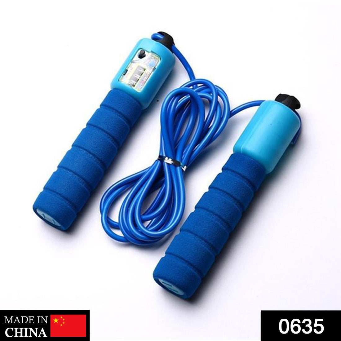 Electronic counting skipping rope in use, showing digital display.